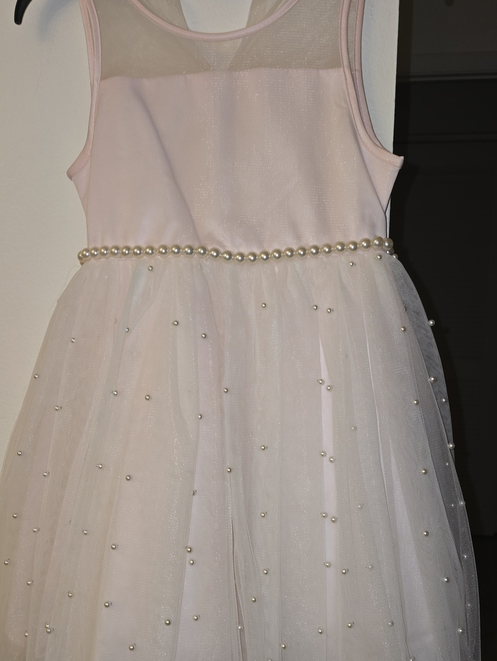 Girls' Pink Pearl-Trim Sleeveless Tulle Dress